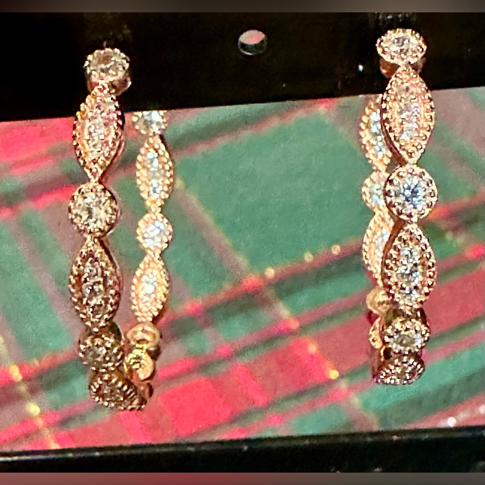 925 Sterling Silver CZ Dangle Hoop Earrings – Milor Italy (Rose Gold–Tone) ✨ - Picture 8 of 8